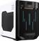 Case per PC da gaming in bianco e nero con effetto luminoso blu. Tre zone identificate sul frontale. Logo del marchio in basso.