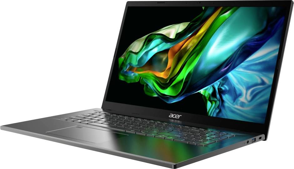 Un laptop moderno con uno sfondo schermo astratto e vivace in tonalità di verde e blu.