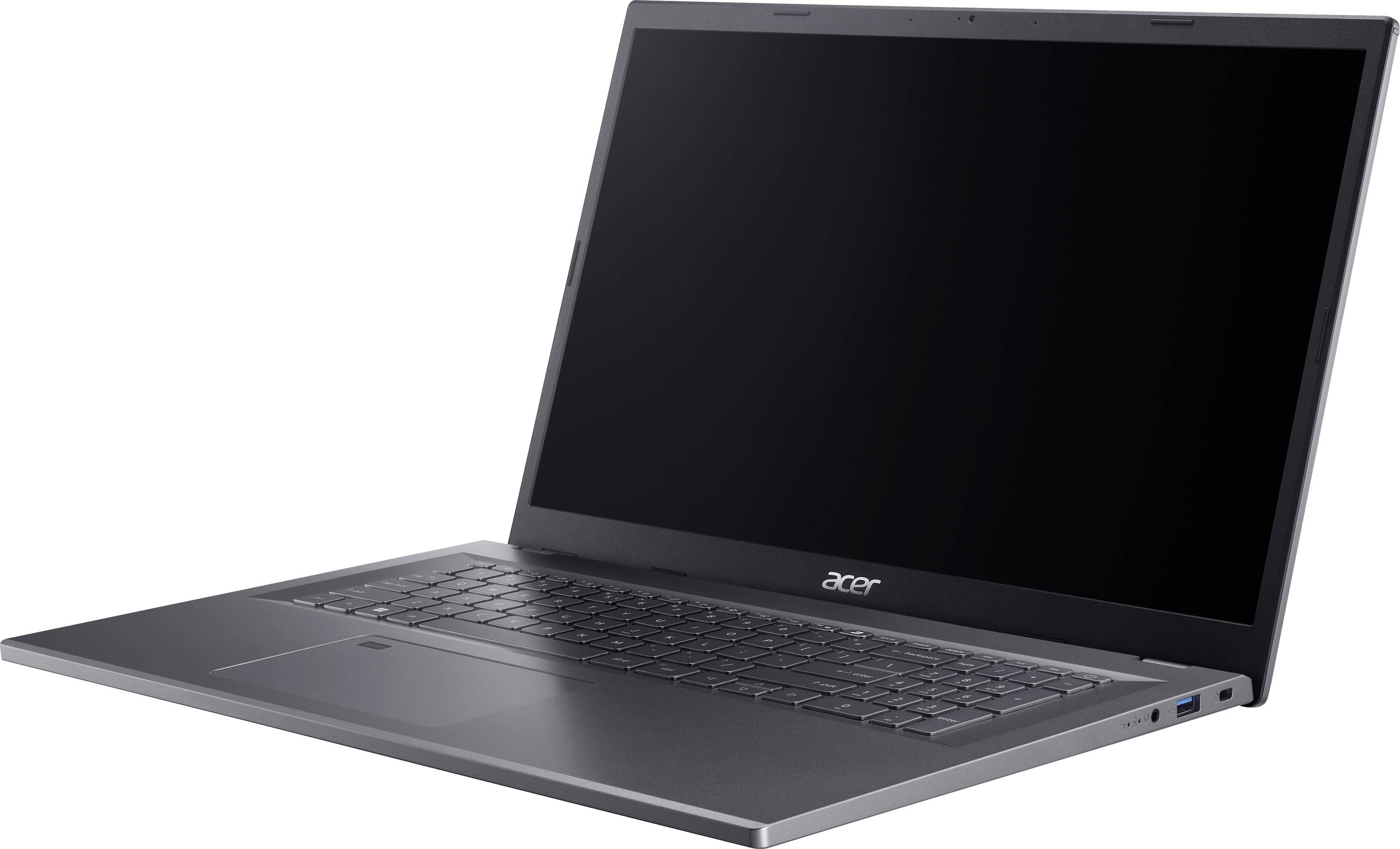 Un laptop moderno con tastiera e schermo scuri, mostrato da un angolo laterale. Il nome del marchio 'Acer' è visibile sotto lo schermo.