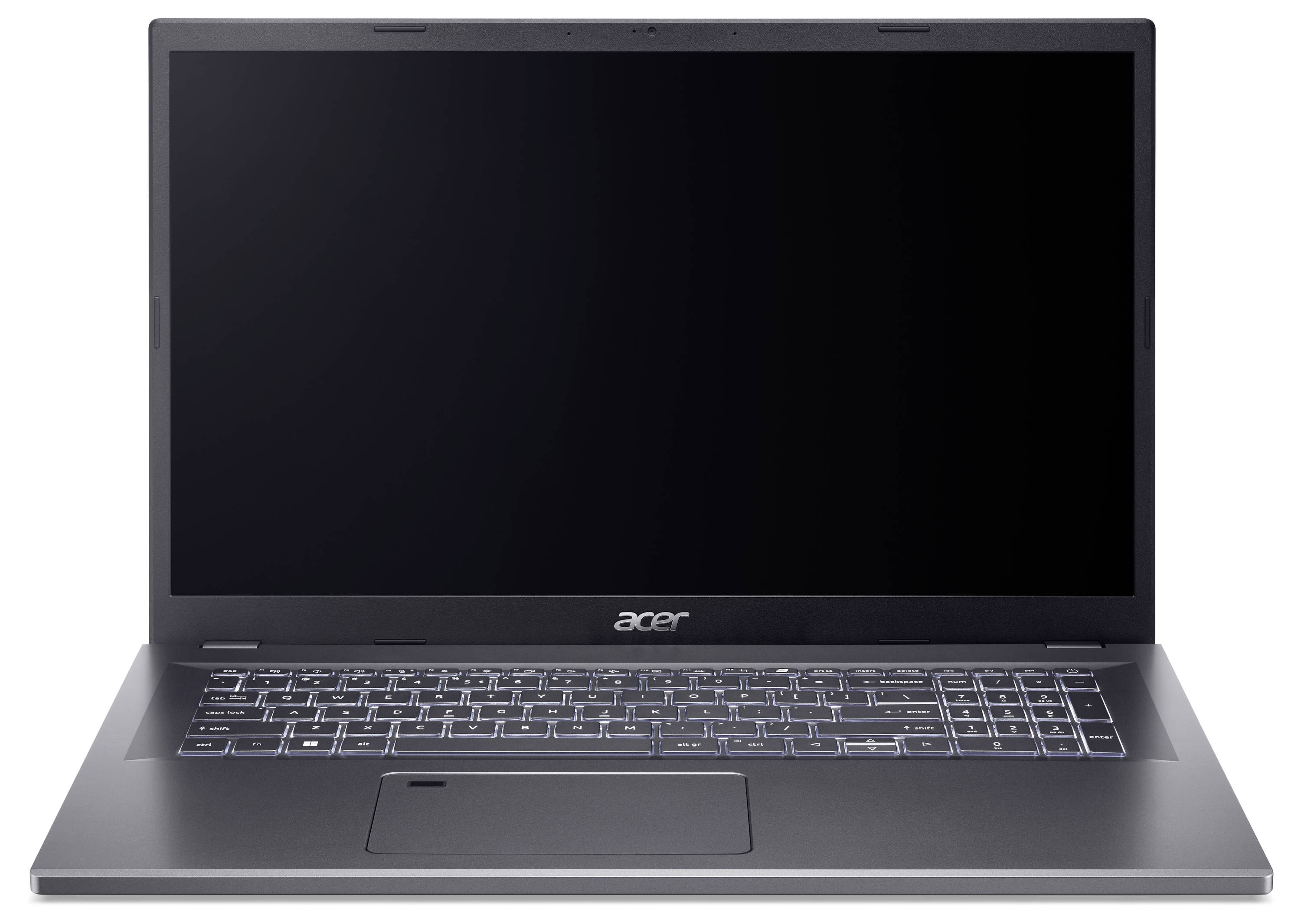 Un laptop con schermo nero, tastiera retroilluminata e touchpad, adatto per lavori d'ufficio o intrattenimento.