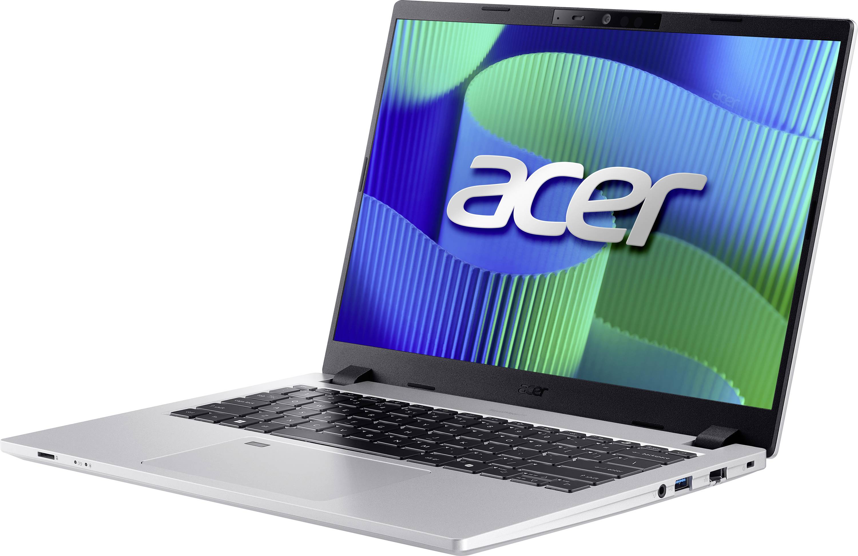 Un laptop argentato con il logo 'Acer' sullo schermo che mostra onde di colore. Il laptop è parzialmente aperto e visto da un lato.