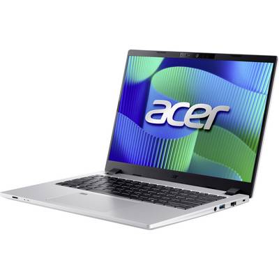 Un laptop argentato con il logo 'Acer' sullo schermo che mostra onde di colore. Il laptop è parzialmente aperto e visto da un lato.