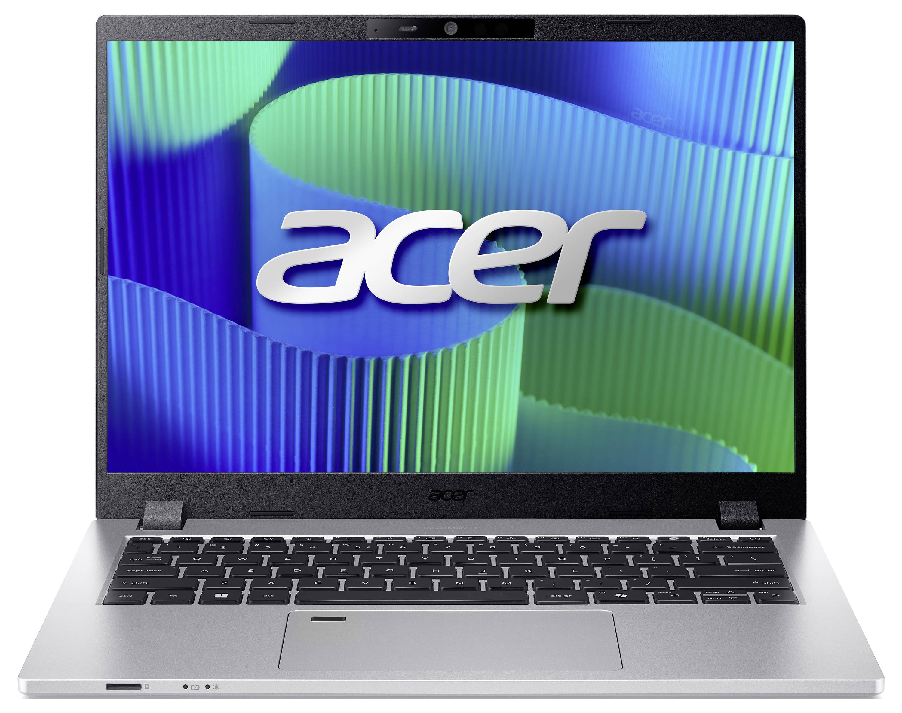 Un laptop d'argento del brand Acer Display mostra uno sfondo colorato con tonalità verdi e blu.