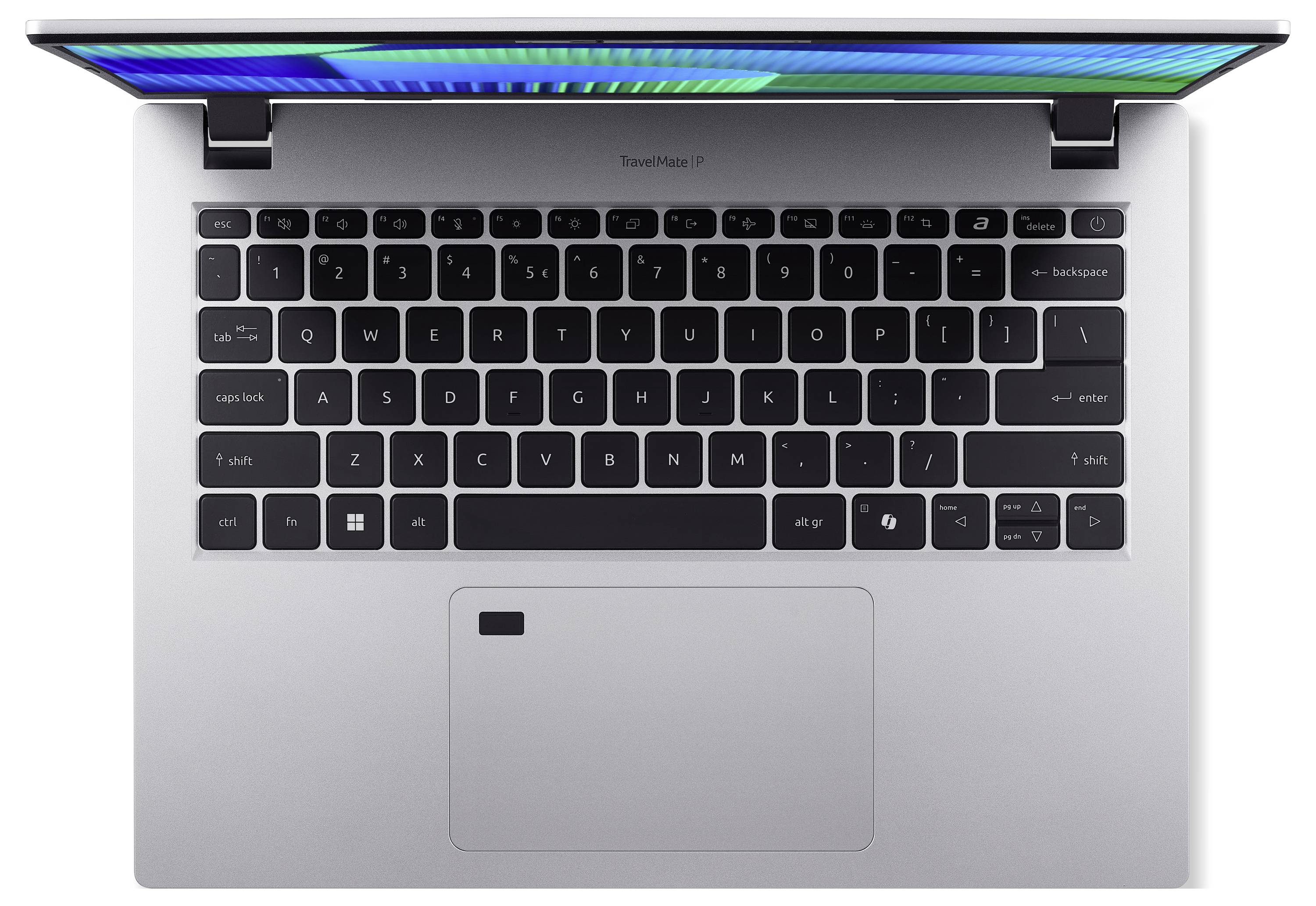 Vista dall'alto di un laptop in posizione aperta, lo schermo mostra colori. Tastiera nera con touchpad e sensore di impronte digitali sotto di esso.