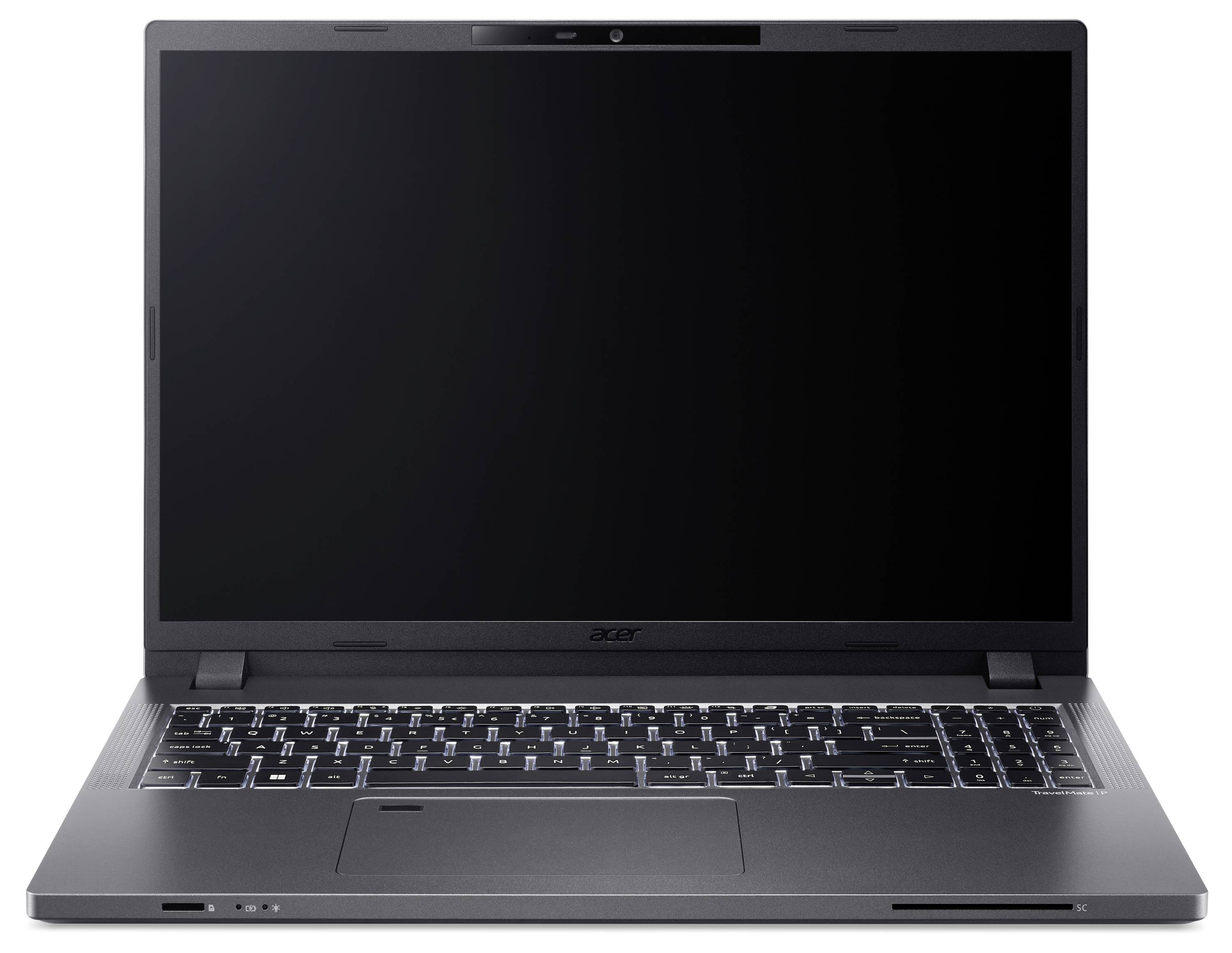 Un laptop aperto con schermo nero e tastiera. La scocca è scura. Nessun marchio visibile.