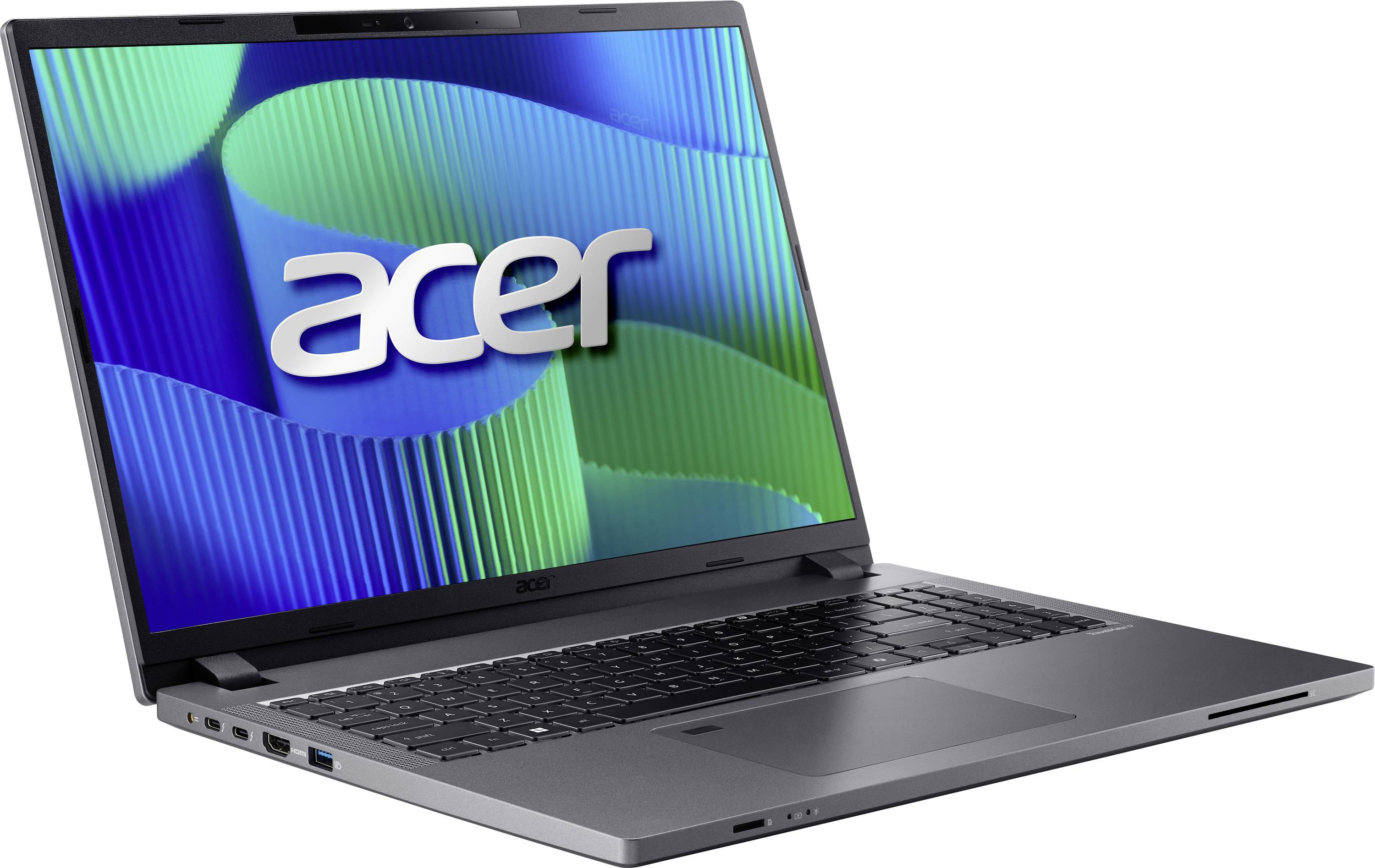 Un laptop Acer con uno schermo aperto che mostra il logo Acer su uno sfondo verde e blu.