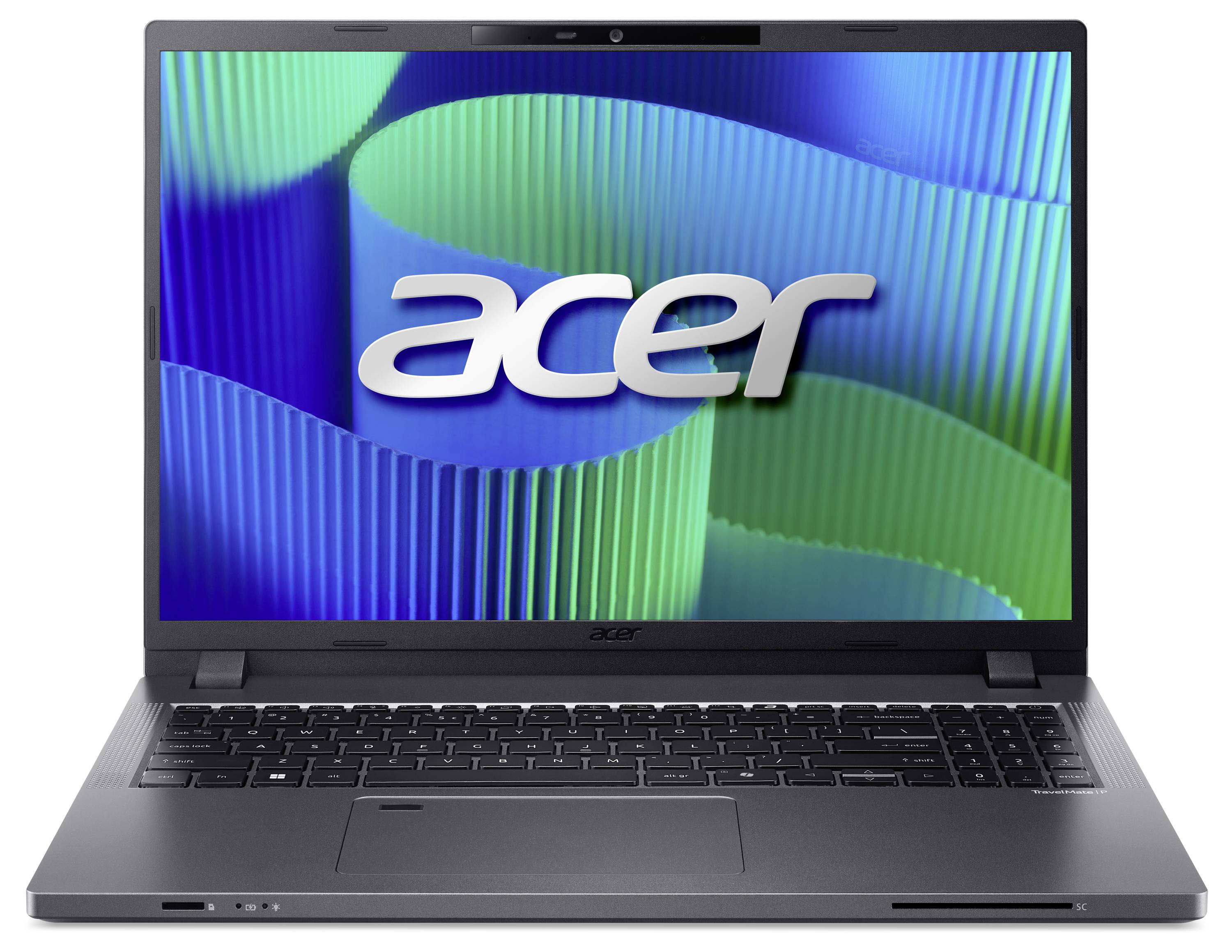 Un laptop con schermo aperto mostra il logo Acer sullo sfondo di un pattern di onde verdi e blu.