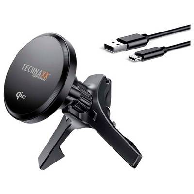 Supporto per bocchetta di aerazione auto con funzione di ricarica Qi, contrassegnato con 'TECHNAXX'. Include un cavo USB-C per la ricarica.