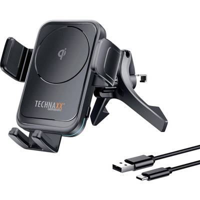 Un supporto per auto nero con funzione di ricarica Qi e logo 'TECHNAXX', adatto per smartphone. Incluso cavo USB-C.