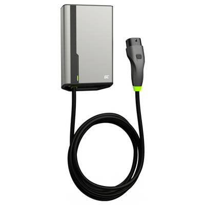 Una stazione di ricarica grigia per auto elettriche con cavo di ricarica e spina collegati.