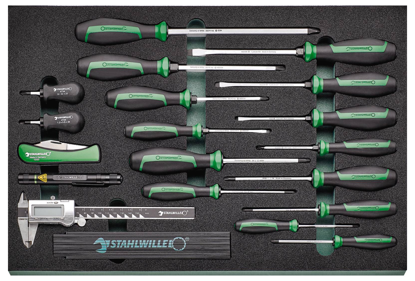 Un set di cacciaviti di diverse dimensioni e tipi con inserto in schiuma. Include anche un calibro a corsoio e ulteriori accessori.