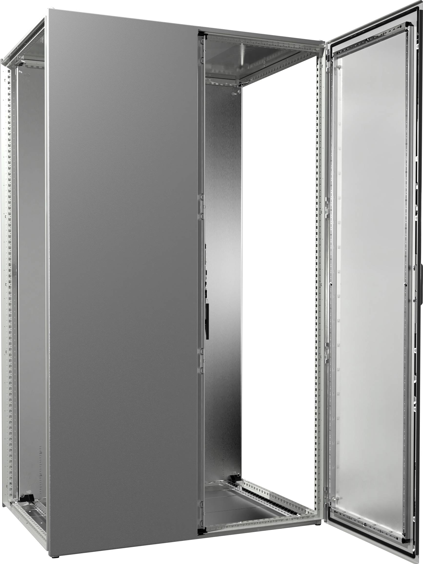 Un armadietto metallico grigio vuoto e aperto con telaio e ante. Adatto per ospitare dispositivi tecnici o server.
