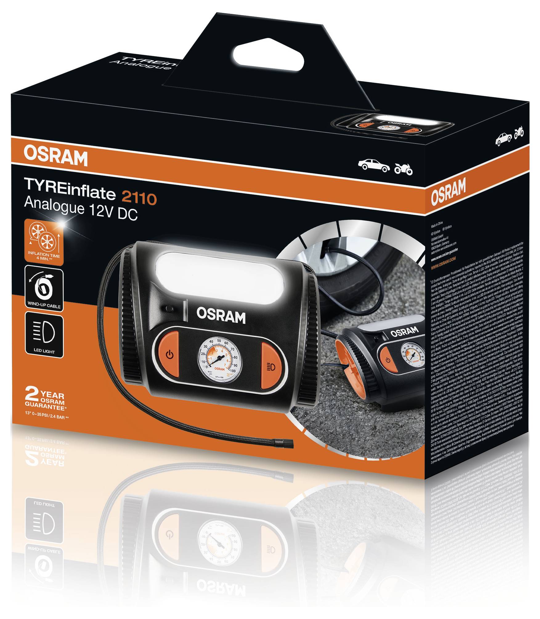 Confezione di Osram Tyreinflate 2110, compressore analogico 12V-DC, con immagine del prodotto e simboli per pompa gonfiaggio pneumatici per auto.
