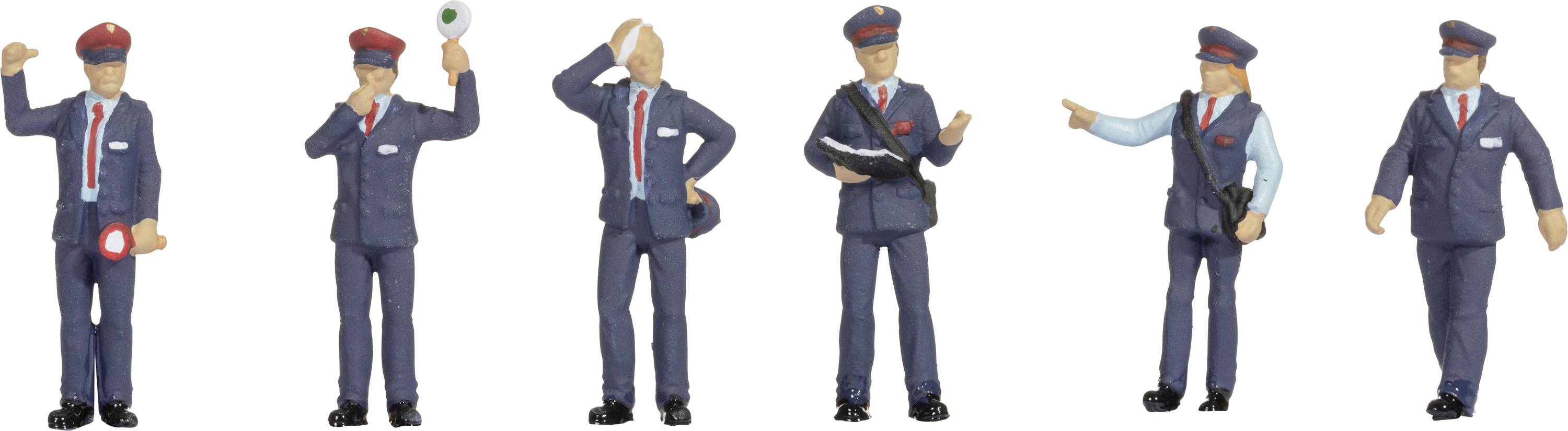 Sei figure in divise di dipendenti ferroviari, ognuna con una diversa posizione delle mani e accessori come berretto, cartella e bandiera.