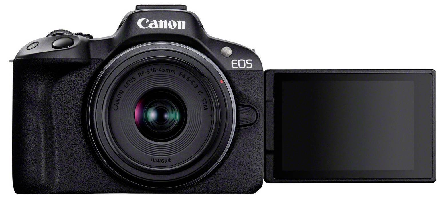Fotocamera reflex digitale nera con schermo ribaltabile. Obiettivo rivolto in avanti, marchio Canon visibile.