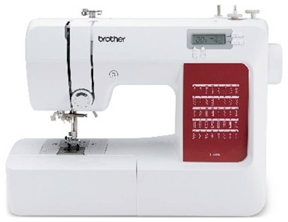 Macchina da cucire bianca con display digitale e diversi motivi di punto su sfondo rosso. Logo aziendale visibile in alto.