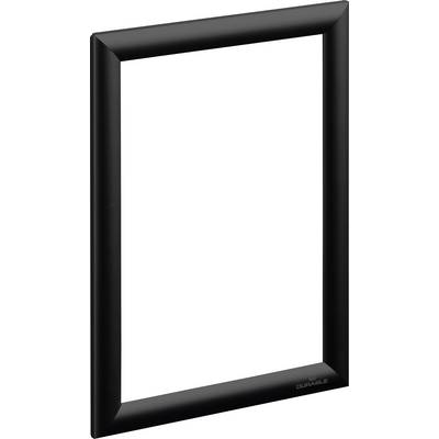 Cornice portafoto rettangolare nera in plastica con bordi arrotondati, in posizione verticale, priva di immagine. Logo del marchio 'Durable' in basso a destra.