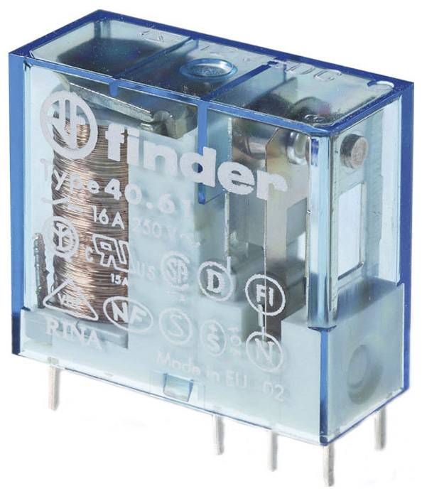 Un relè finder, tipo 40.61, 16A, 250V AC, di colore blu. Involucro trasparente che mostra la bobina e i contatti. Fabbricato nell'UE.