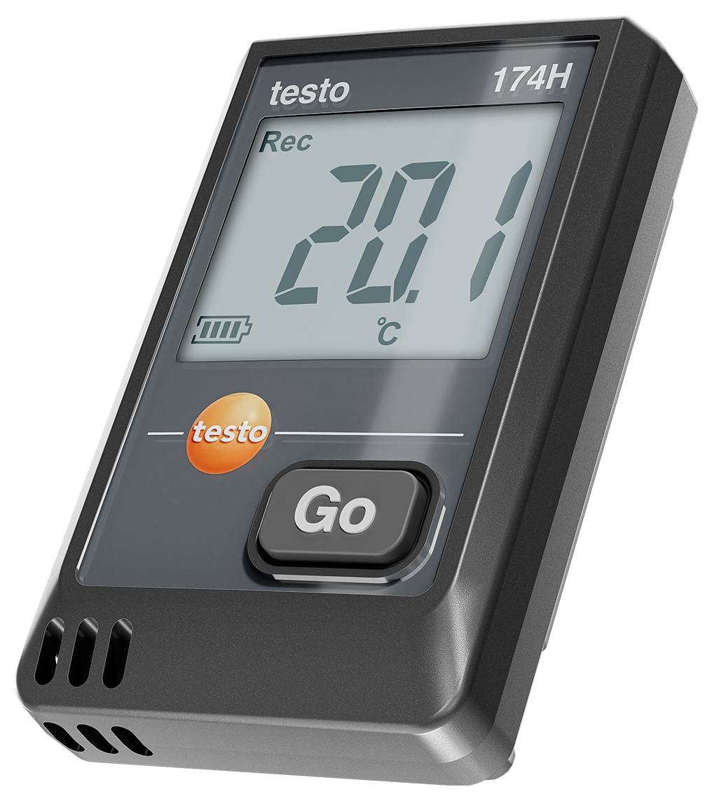 Un dispositivo elettronico per la registrazione della temperatura con display '20,1 °C', indicatore dello stato della batteria e un ampio pulsante 'Go'.