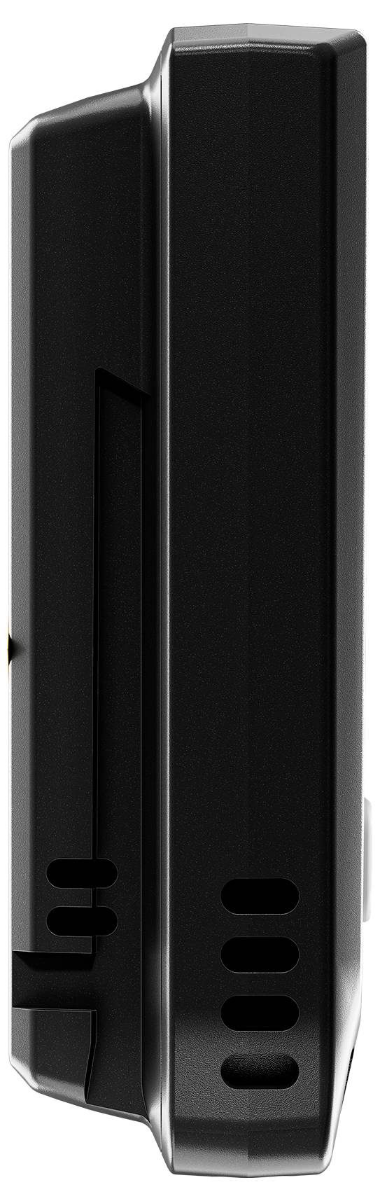 Dispositivo nero, rettangolare con bordi arrotondati e fessure di ventilazione sul lato.