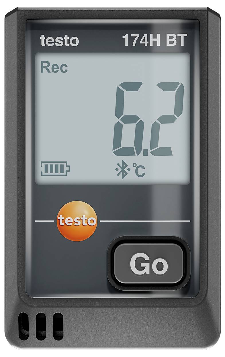 Un datalogger di temperatura con display mostra '6.2 °C', simbolo Bluetooth, stato 'Rec' e livello batteria.