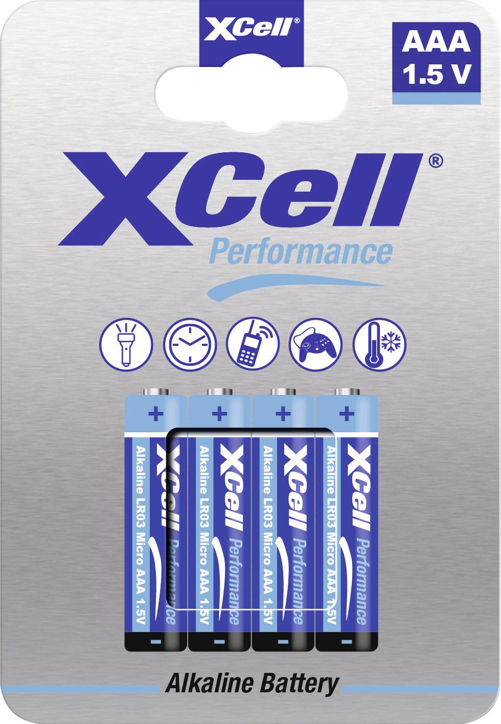 Batterie alcaline AAA 'XCell Performance', 1,5V, confezione da quattro pezzi in blister. Adatte per torce elettriche e giocattoli.