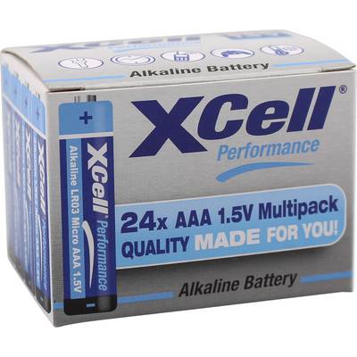 Una confezione con 24 batterie alcaline AAA 1,5V del marchio 'XCell Performance', contrassegnate con 'Quality Made For You!'.