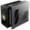 PC da gaming con pannello laterale trasparente, mostra illuminazione RGB e componenti interni. Schermo digitale che indica l'ora '09:01'.