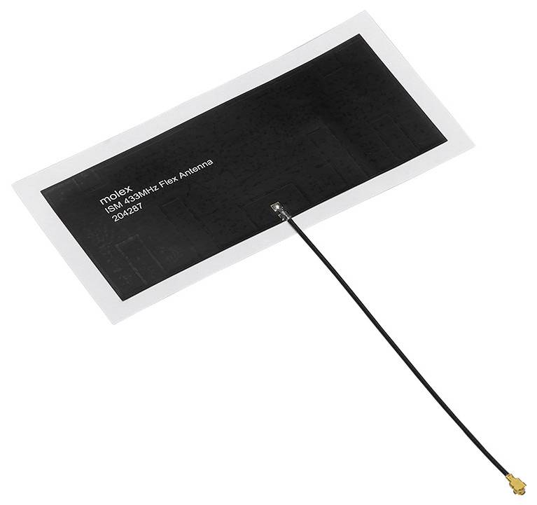 Un'antenna flessibile nera con l'etichetta 'moex ISM 433MHz Flex Antenna 204287' e un cavo ad essa collegato.