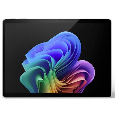 Un tablet con un'illustrazione astratta tridimensionale colorata sullo schermo, che mostra un gradiente dinamico ondulato.