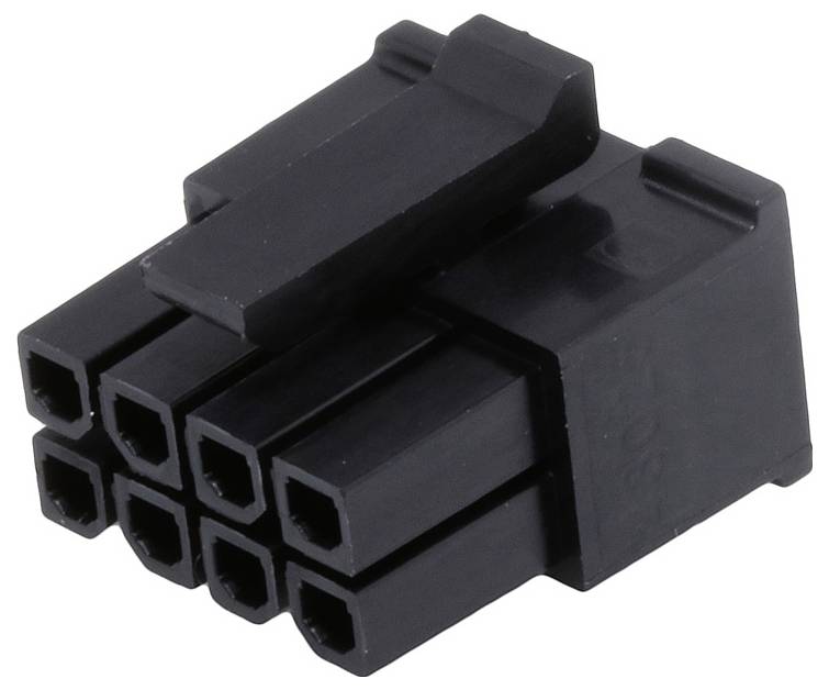 Un connettore nero in plastica con otto contatti rettangolari disposti su due file. Utilizzato per connessioni elettriche o dati.