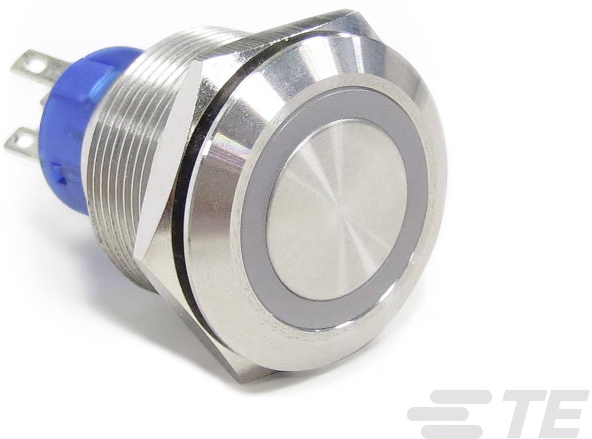 Un pulsante rotondo in metallo con involucro in plastica blu, adatto per applicazioni industriali.