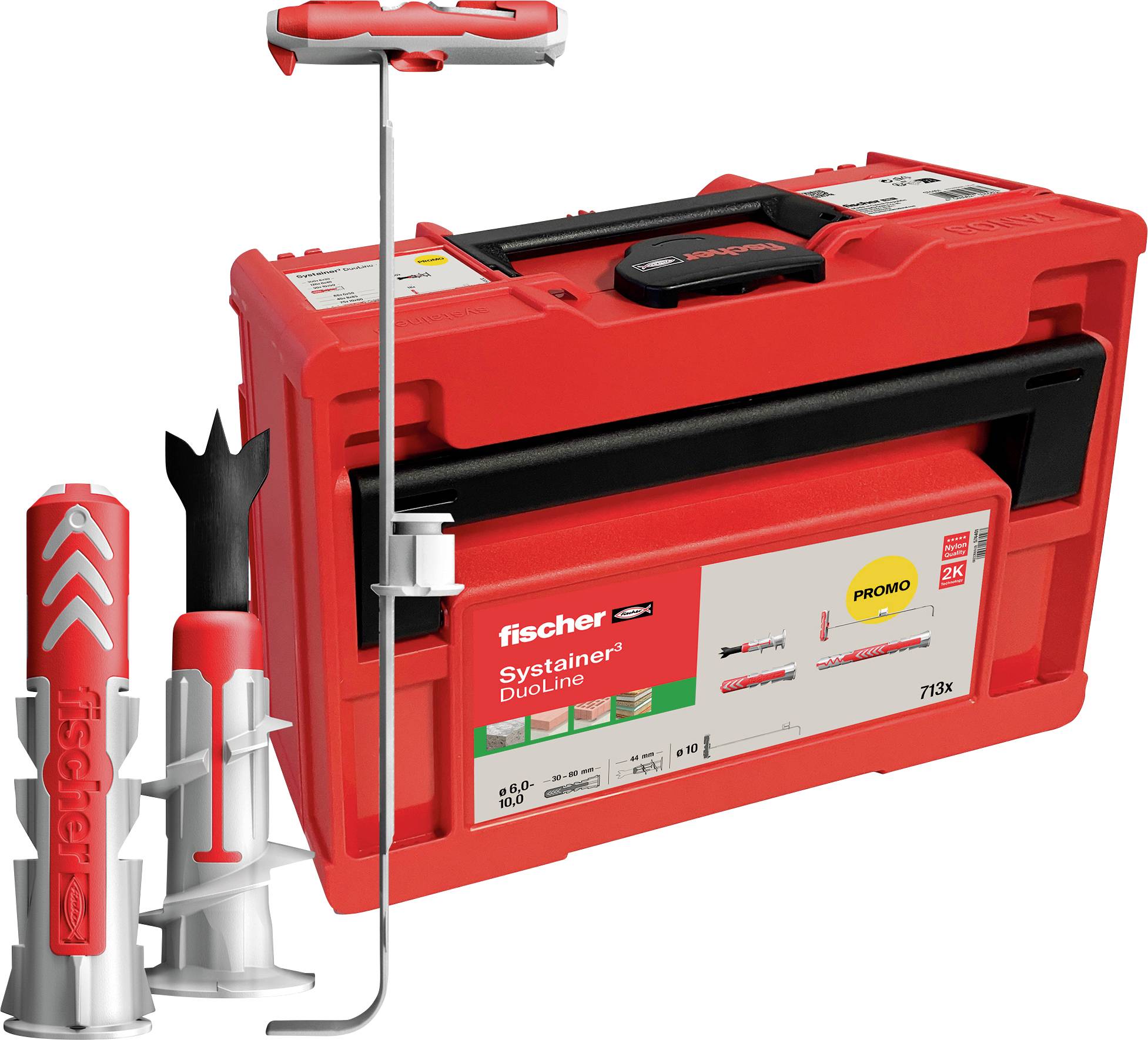 Un ancorotto metallico per parete con esterno grigio e interno rosso, dotato di sezioni filettate e una testa piatta sul lato destro per il fissaggio.