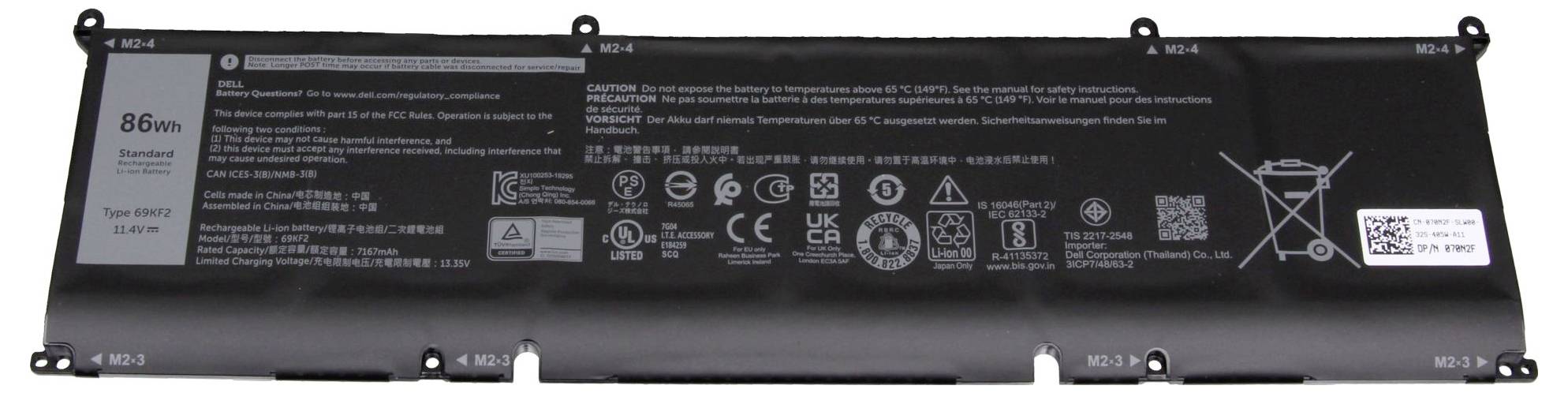 Un laptop con batteria da 86 Wh, specifiche del modello e icone di sicurezza.