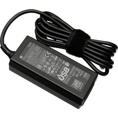 Alimentatore con cavo USB, 45 W, involucro nero, informazioni sul prodotto e simboli di sicurezza stampati su di esso.