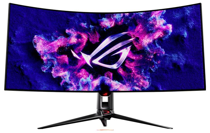 Uno schermo curvo per computer con colori luminosi rosa e blu e un logo stilizzato al centro.