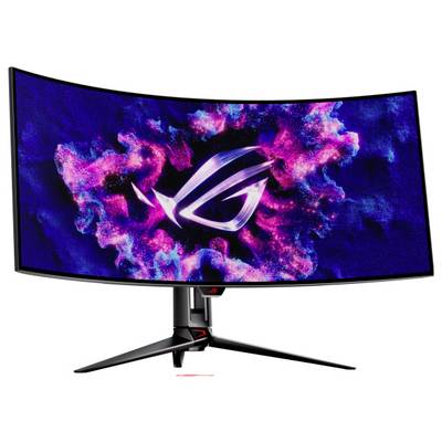 Monitor da gaming curvo con un design futuristico e luminoso sullo schermo. Un grande logo illuminato in rosa e blu è visibile.