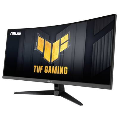 Un monitor curvo ASUS con la scritta 'TUF Gaming' e il logo giallo su sfondo nero. Ideale per il gaming.