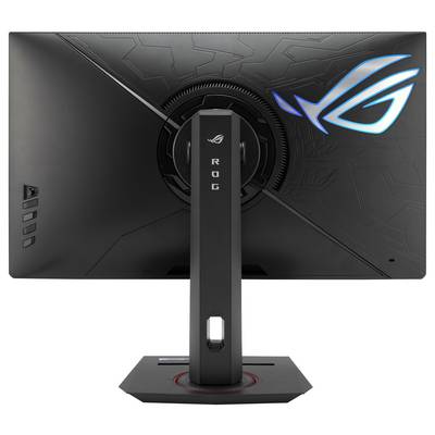 Un monitor da gaming visto da dietro con un logo illuminato. Il design ha una combinazione di colori nero e blu con dettagli futuristici.