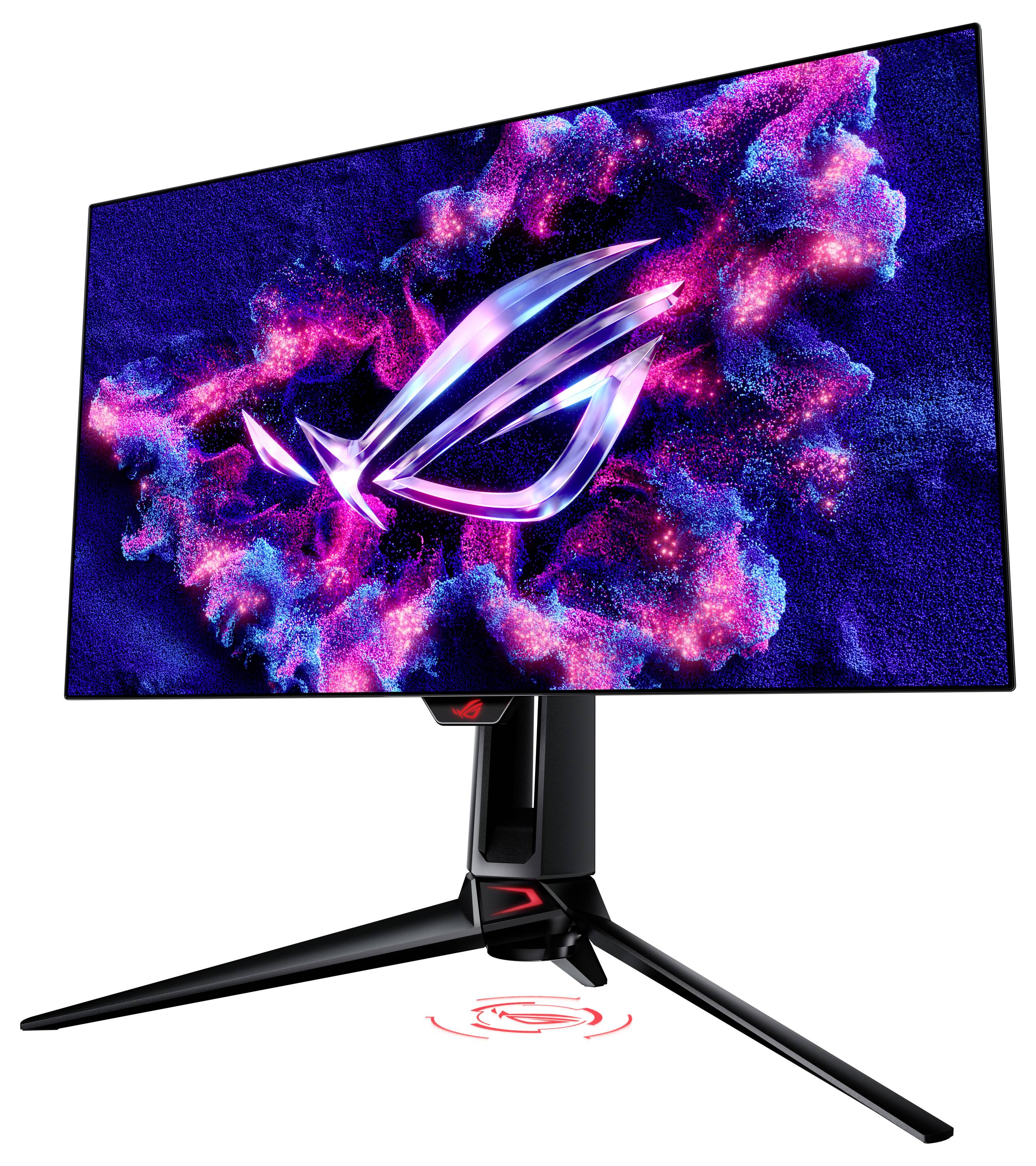 Un monitor da gaming con un logo vivace e futuristico sullo schermo e un supporto robusto e moderno.
