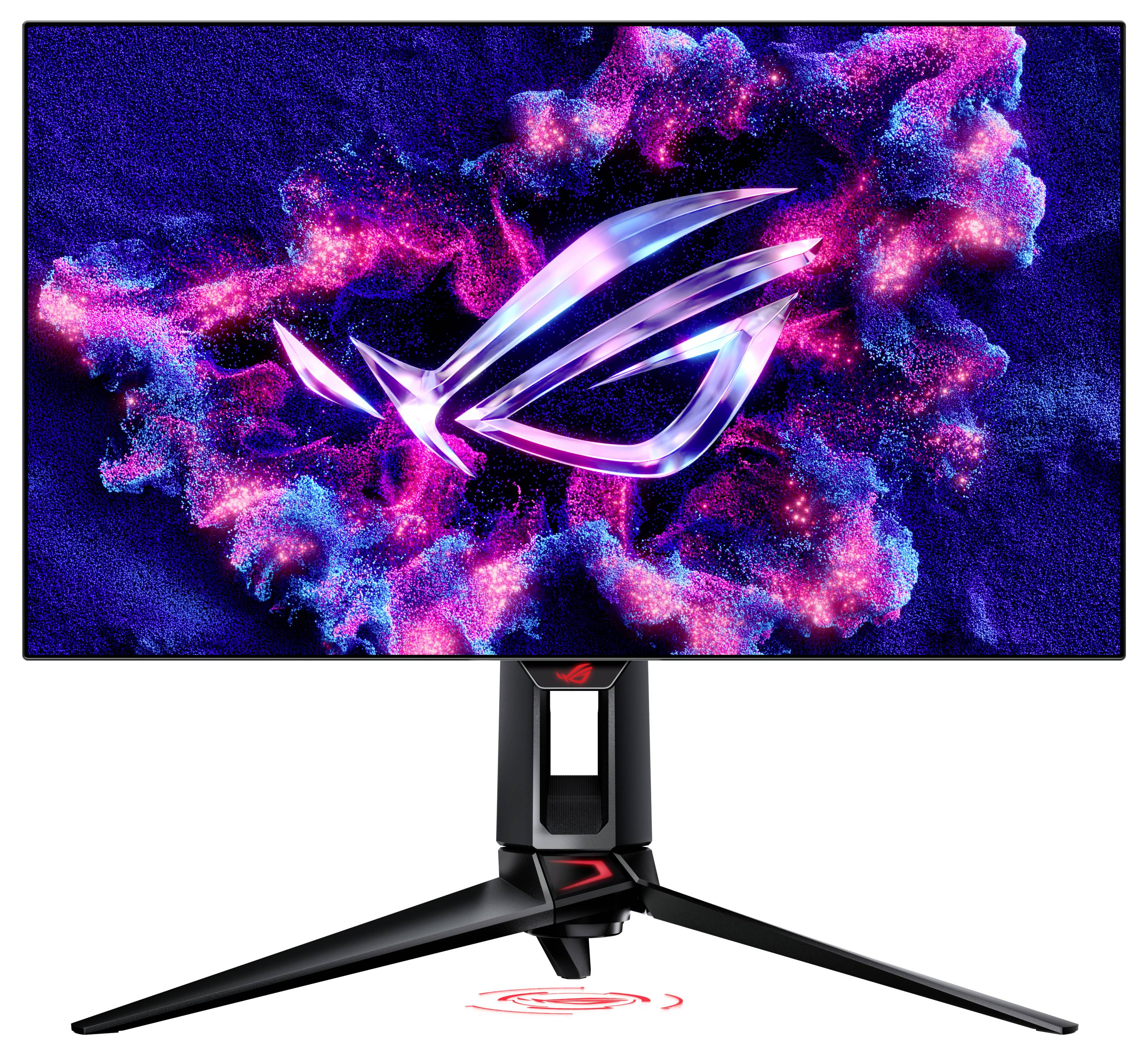 Un monitor da gaming con un logo ROG dinamico e luminoso sullo schermo. Lo sfondo mostra effetti di luce astratti e colorati.