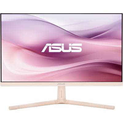 Monitor dal design minimalista, con cornice sottile e logo ASUS su un supporto. Sfondo in tonalità rosa e bianche.