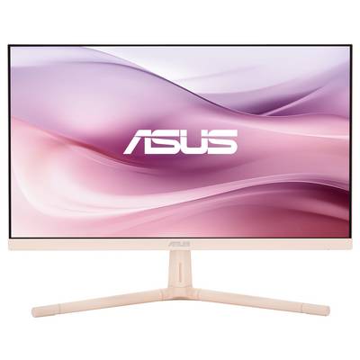 Un monitor ASUS piatto e rosa su un tavolo. Il display mostra il logo ASUS su uno sfondo rosa con linee fluide.