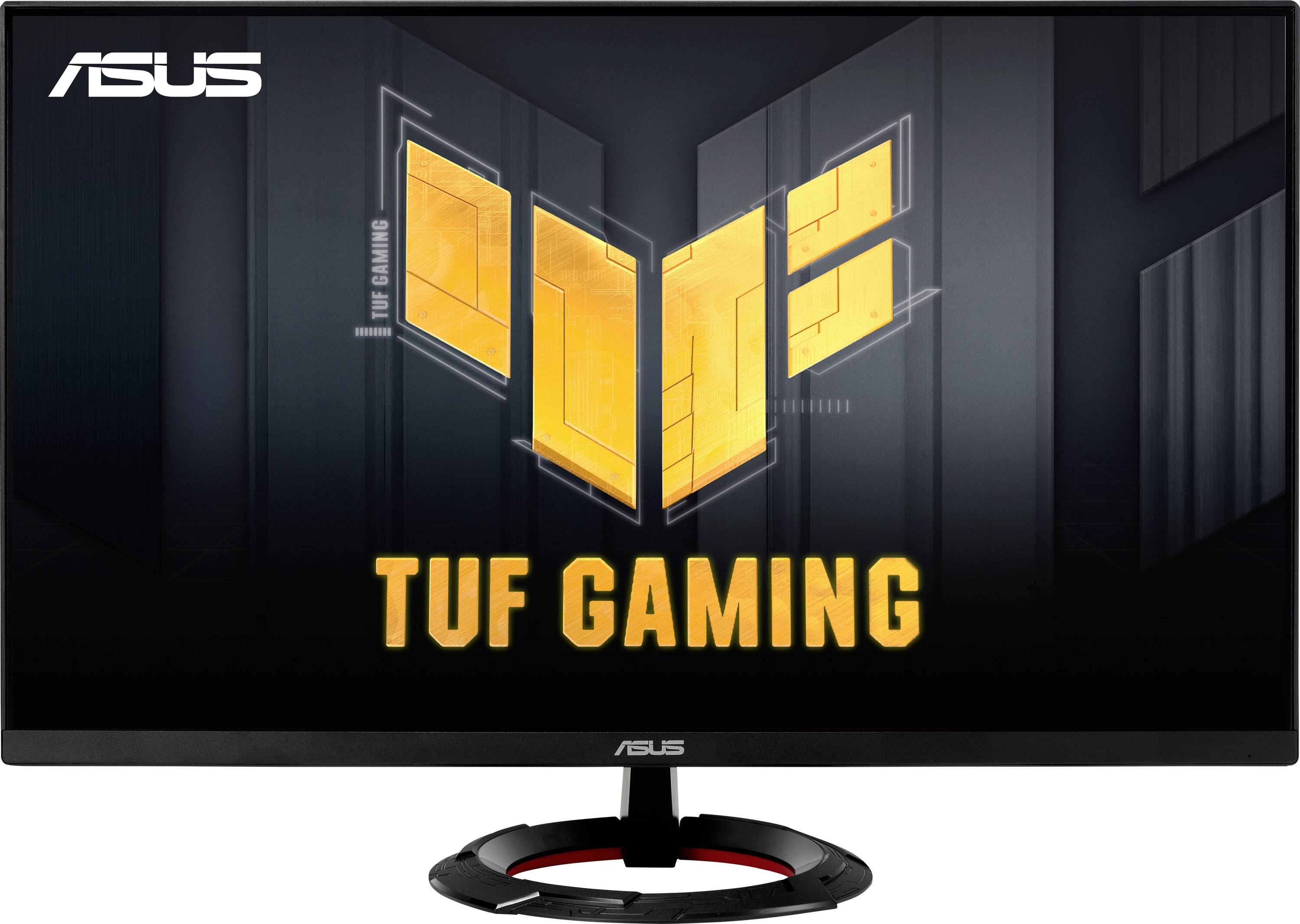 Un monitor ASUS TUF Gaming. Sullo schermo è visibile il logo TUF Gaming in giallo e la scritta 'TUF GAMING'.