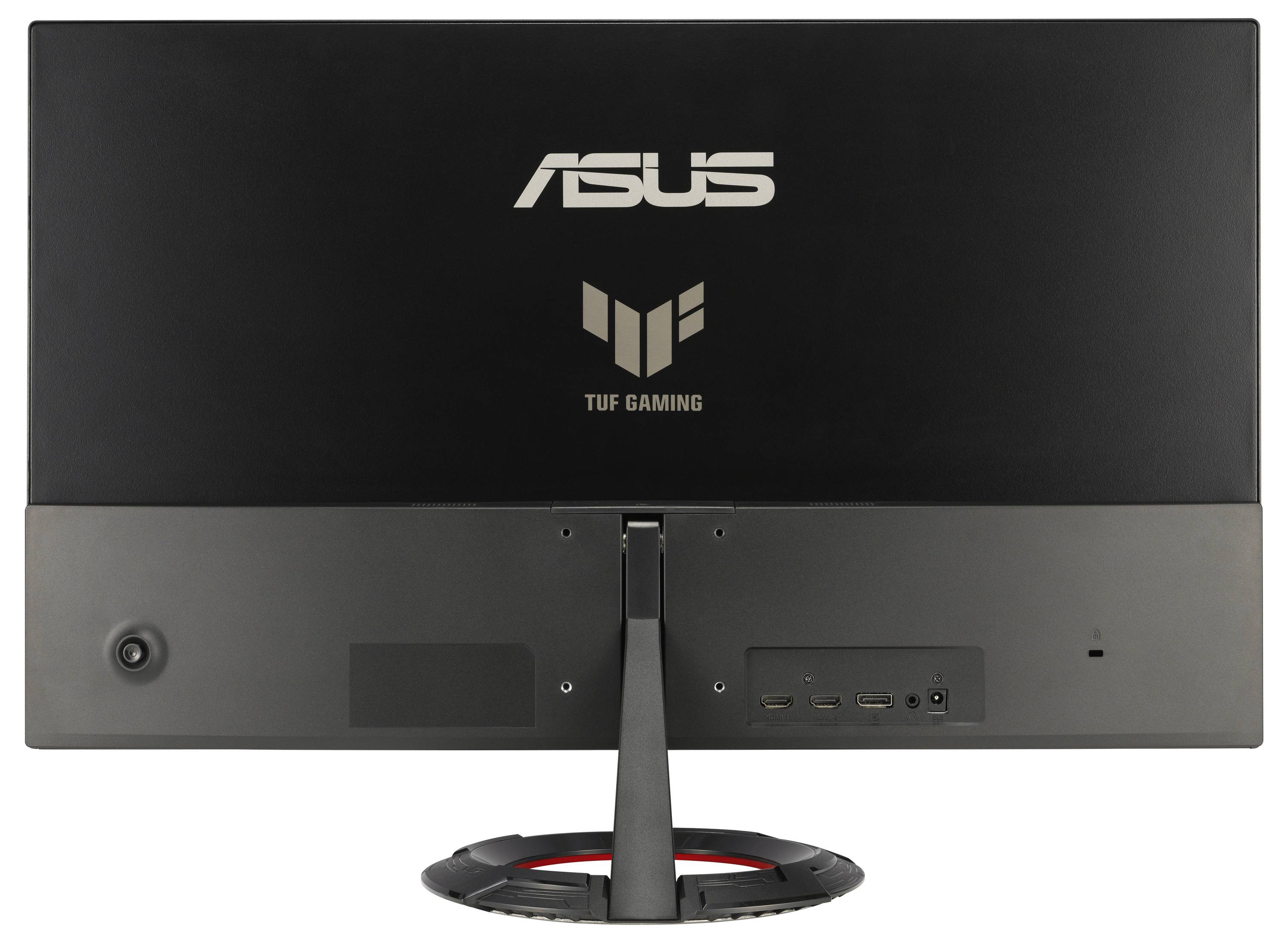 Retro di un monitor gaming ASUS TUF con base e connettori.