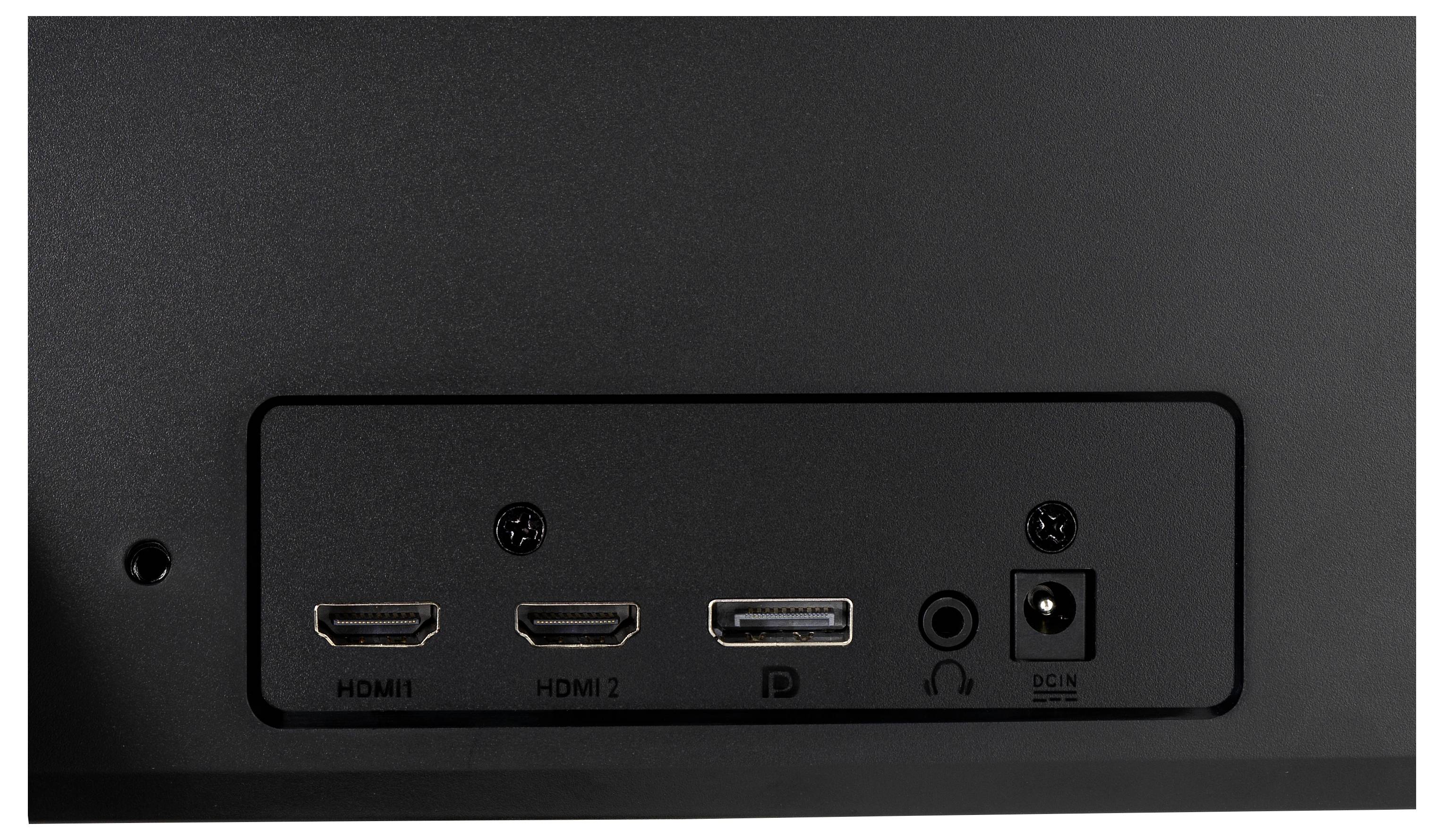 Retro di un monitor con ingresso HDMI, DisplayPort, jack per cuffie e connettore di alimentazione.