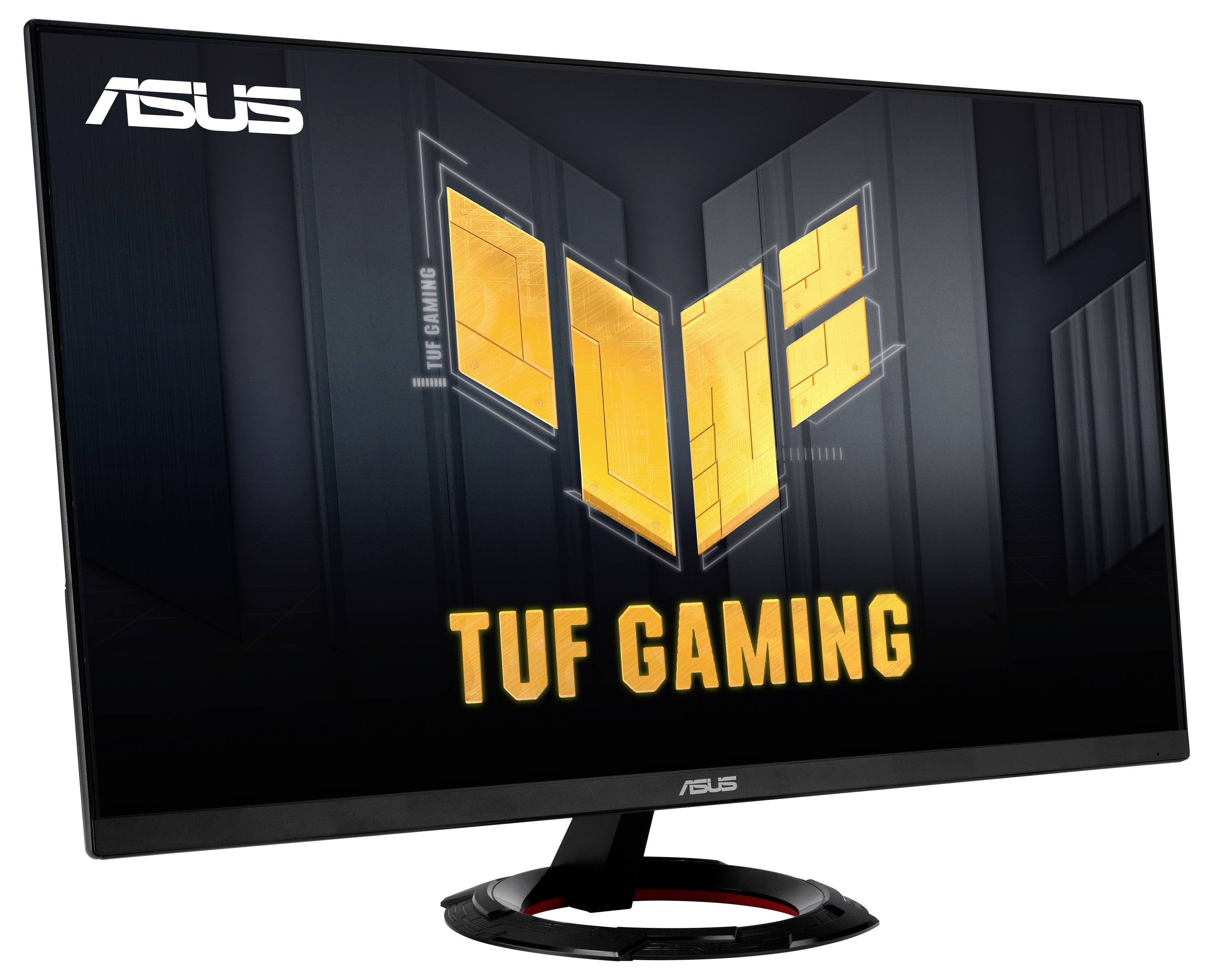 Monitor del brand ASUS. Sullo schermo è visibile il logo della serie TUF Gaming, sullo sfondo un design scuro e futuristico.
