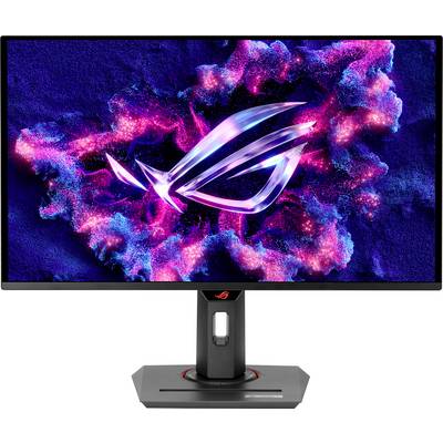 Un monitor del computer mostra un logo stilizzato luminoso sullo sfondo di formazioni di nuvole astratte al neon.