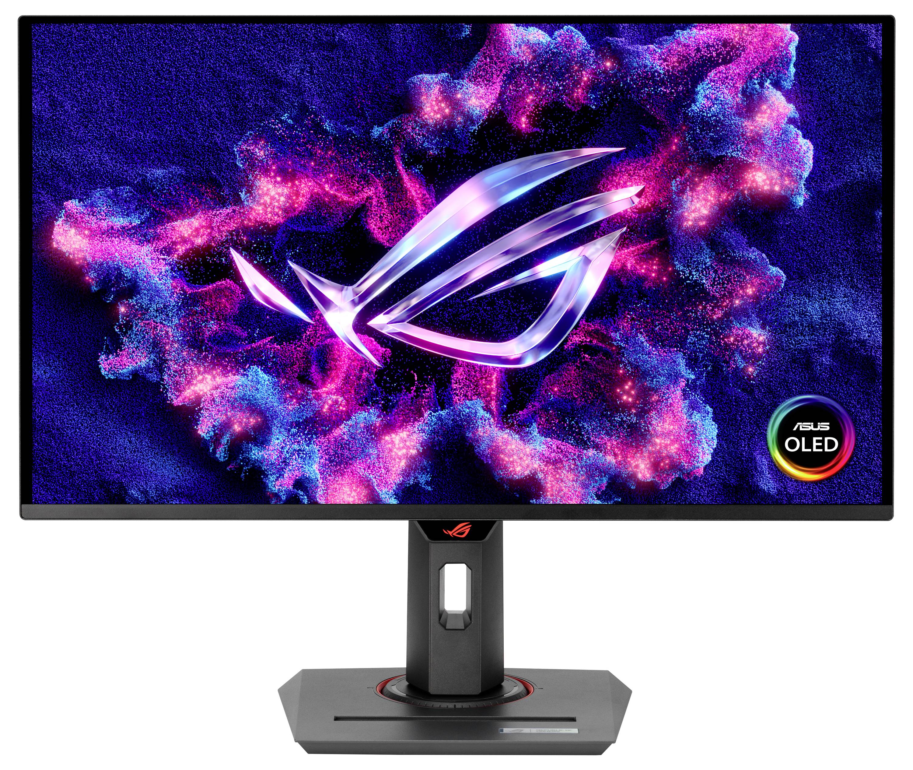 Un monitor da gaming con schermo luminoso mostra un motivo colorato e un logo al centro, circondato da una cornice nera.