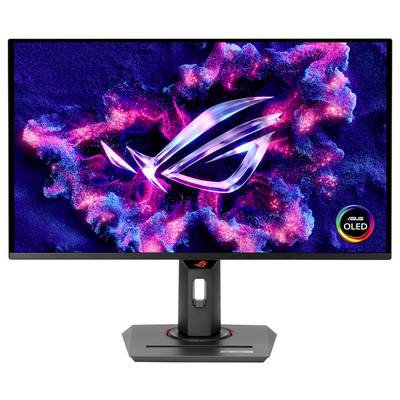 Un monitor da gaming con schermo luminoso mostra un motivo colorato e un logo al centro, circondato da una cornice nera.